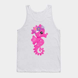Cute Seahorse, Pink Seahorse, Flowers, Seashell Tank Top
